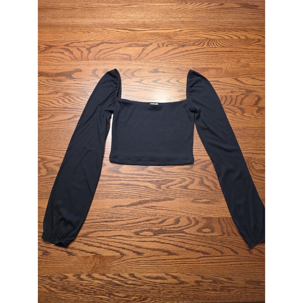 Sunday Best Aritzia Crop Top Womens Ribbed Square Neck Long Sleeve XS Black